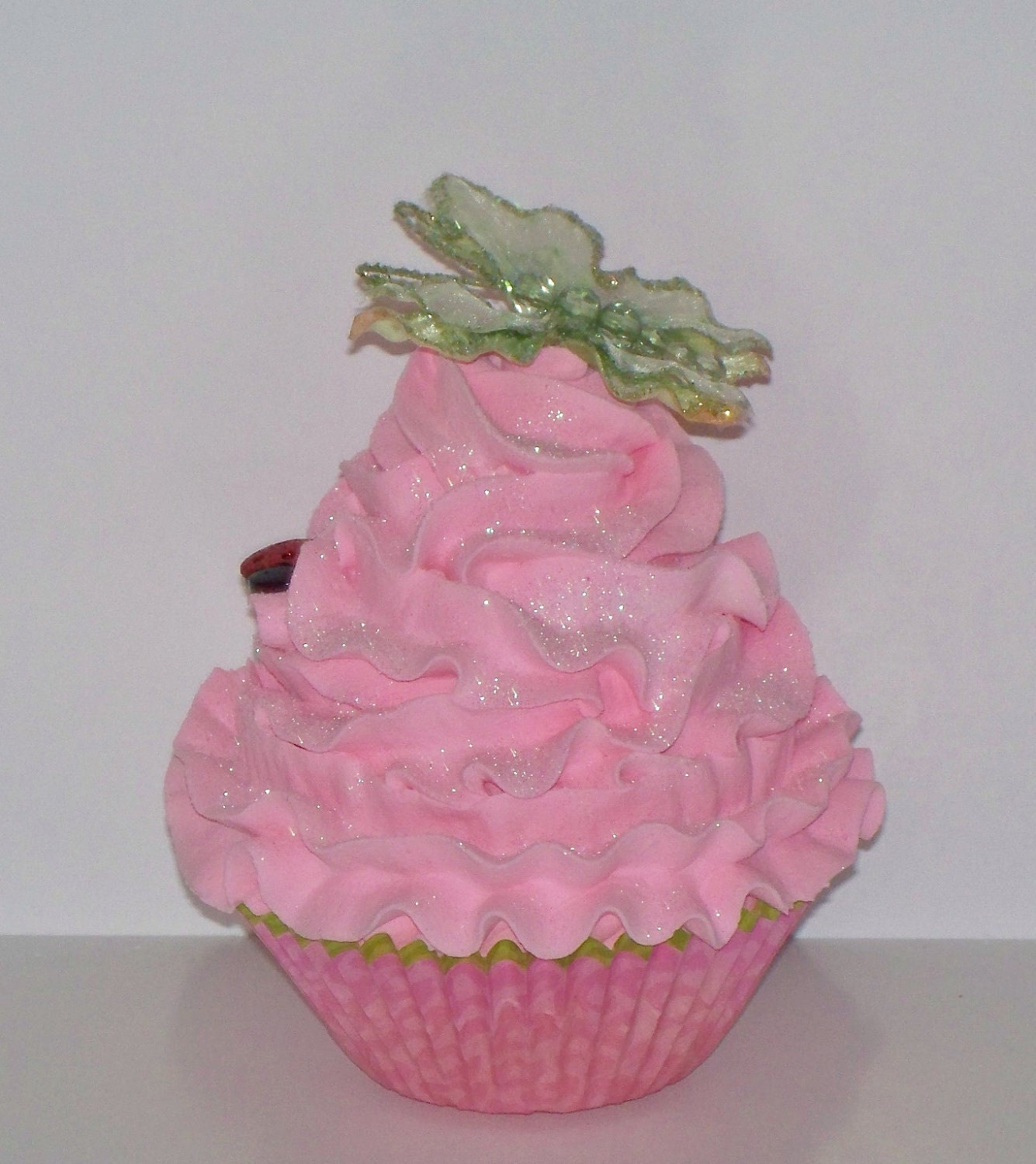 Pink Fake Cupcake with Green Butterfly and Ladybug, Summer Kitchen Home Decor, Photo Props, Display