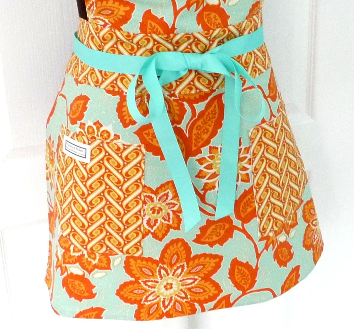 Womens Full Apron Adult Chef Hostess Ornate Flowers Orange and Aqua - Heirloom line by Joel Dewberry for Freespirit