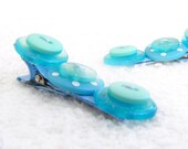 Button Hair Clips -Blue & White Glitter - set of 2