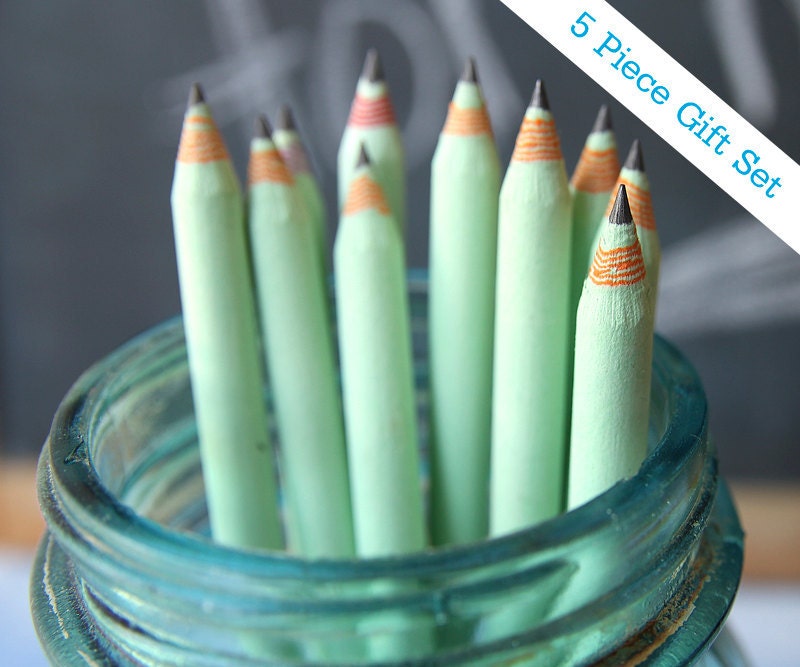 Mint Eco Friendly Recycled Pencil Set - Great for: coworkers & teacher gifts, eco wedding favors, party favors, back to school (5 piece)