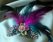 Hair bridal accessories, Feathered barrette, Bridal Party Headpiece, colored rhinestone barrette with feathers