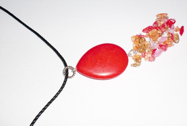 Dyed semi precious red teardrop stone with red and orange mix crackled chip