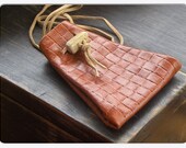 Dryad. Genuine caramel woven pattern Leather Medicine Bag and Deer antler toggle button. Handmade Rustic pouch By Gray Wolf's Mother