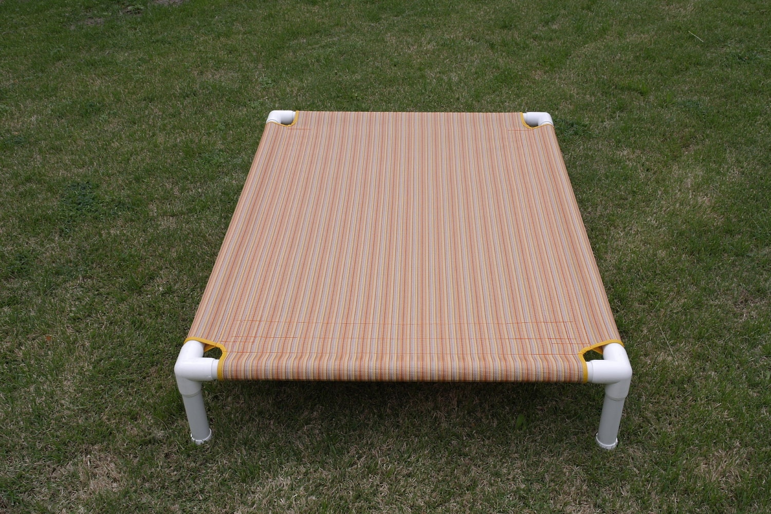 Dog Bed / Raised Dog Cot 38x50x10 Striped Yellow / Orange Or Brown / Tan. Outdoor Lawn And Pattio Fabric.