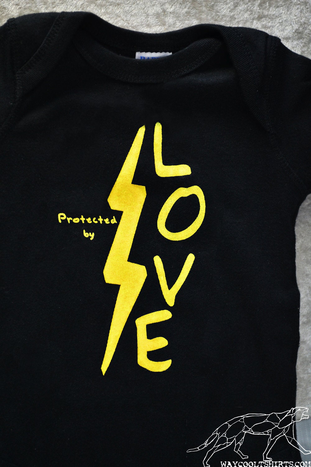 Harry Potter Onesie PROTECTED BY LOVE 12 Month Black Soft Ringspun Cotton with Bright Yellow Water-Based Ink