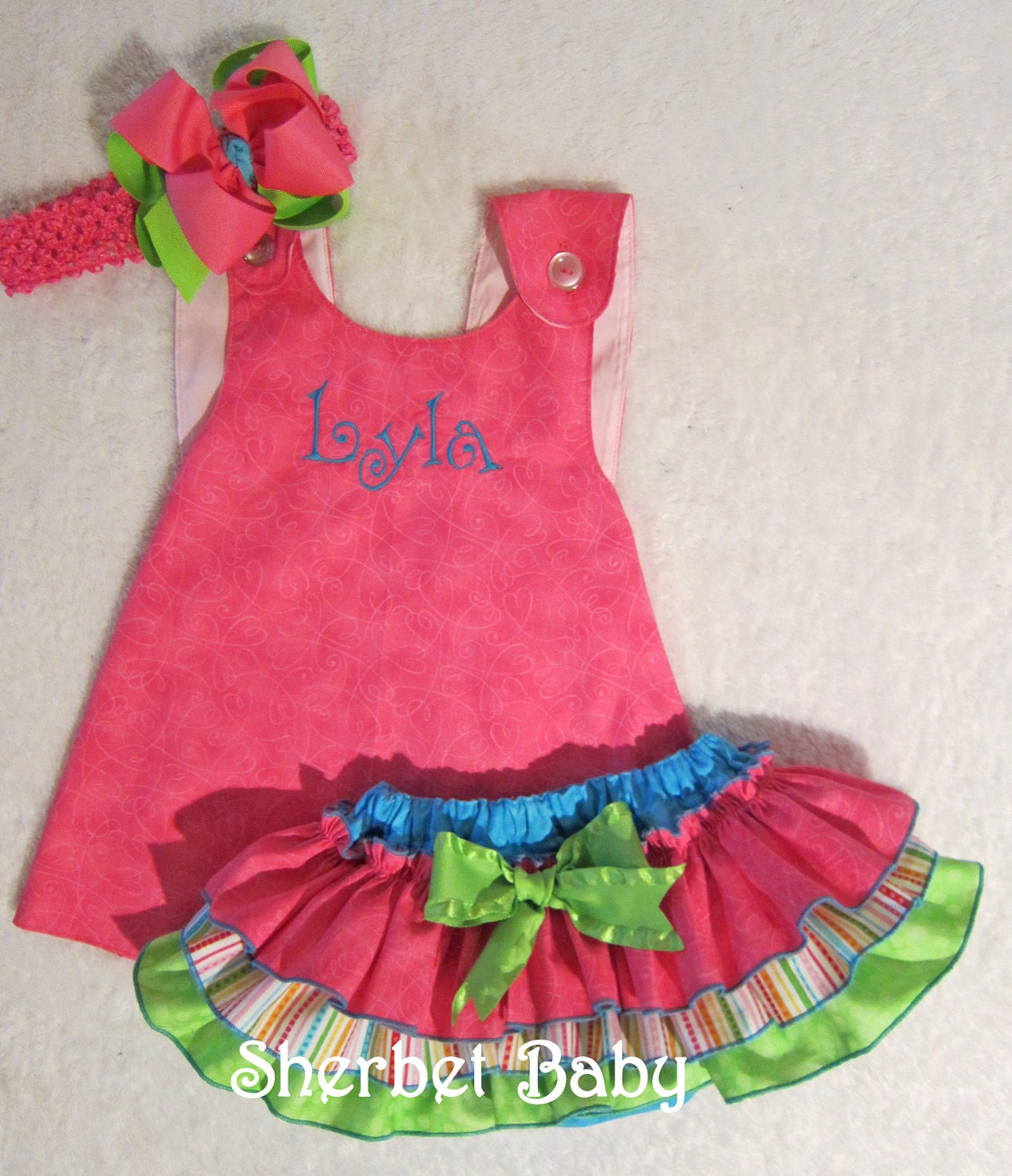 Pinafore Dress and Sassy Pants Ruffled Diaper Cover Set Candy Shop 11 includes Monogram Hot Pink Green Blue