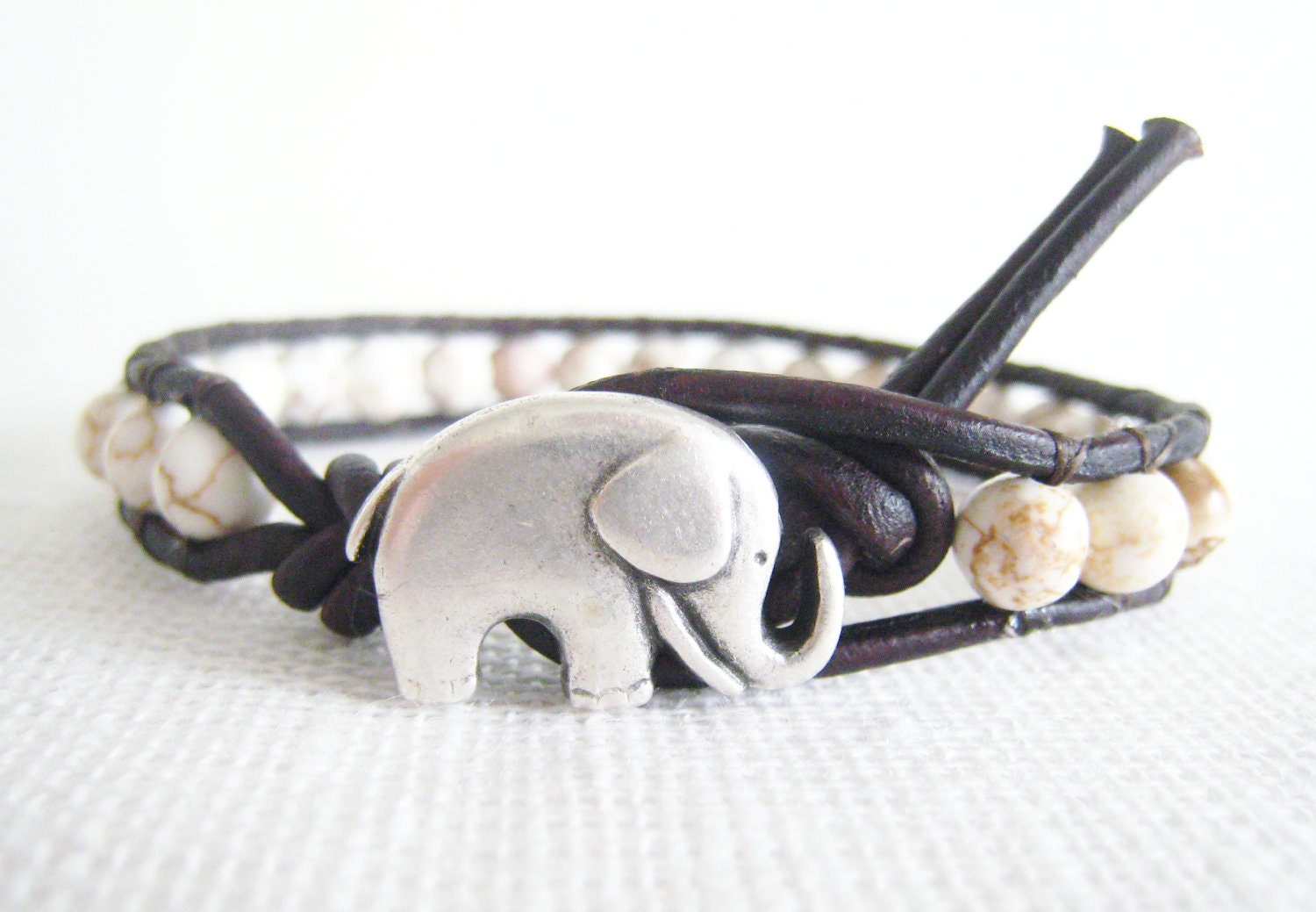 Beaded Leather Bracelet - white beads baby elephant button boho bohemian shabby chic