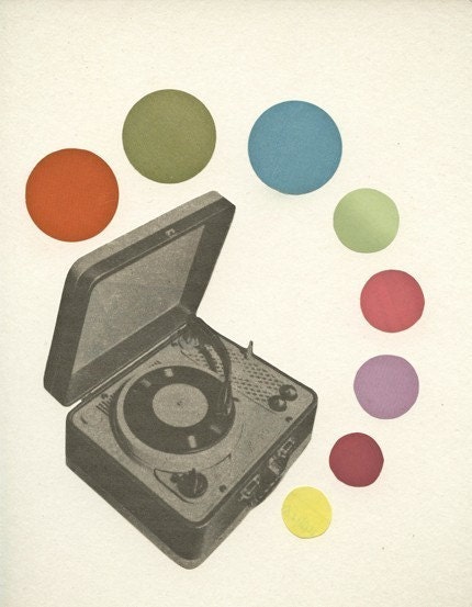 Record Player wall art - whimsical colorful retro mid century modern adult decor humor - Pop Music. 7x9" collage print