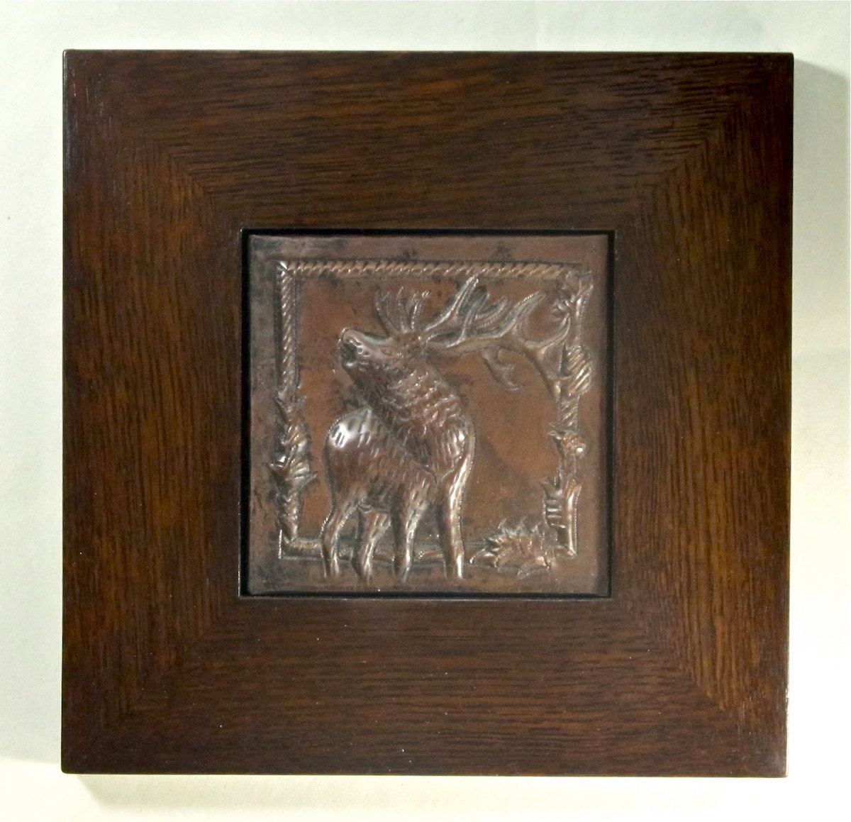 Framed Arts and Crafts Elk Hammered Copper Tile
