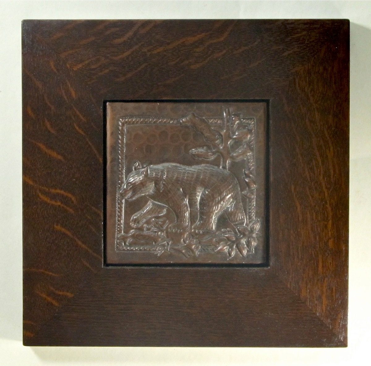 Framed Arts and Crafts Bear Hammered Copper Tile