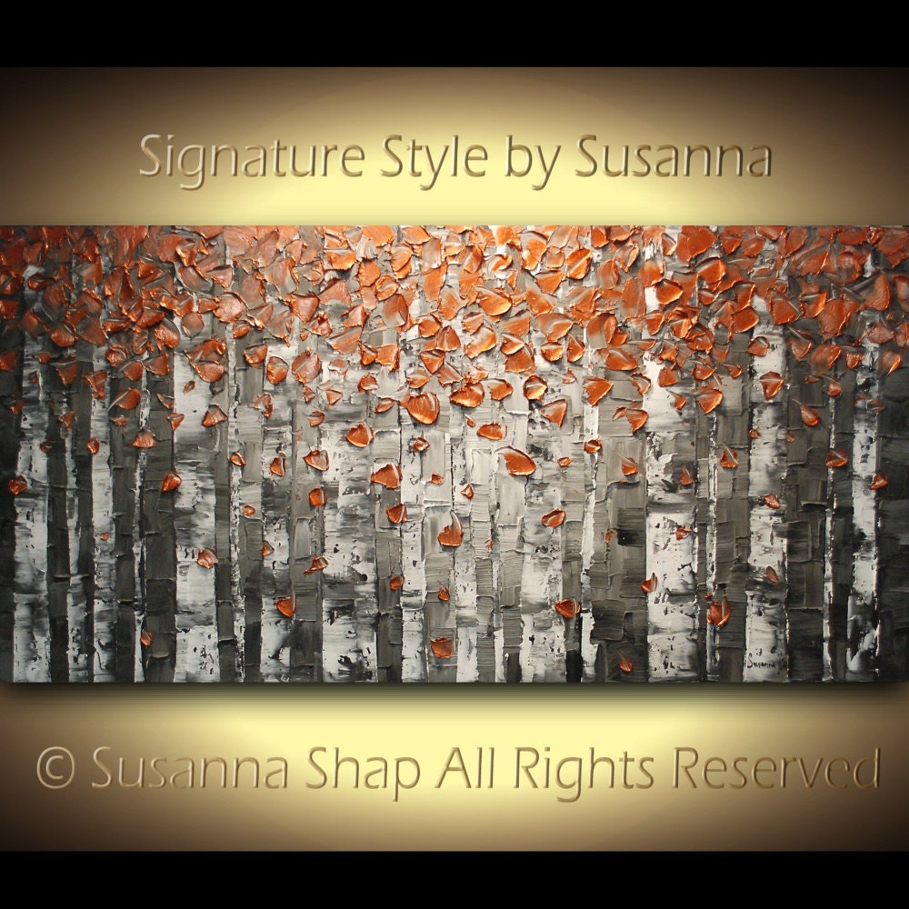 ORIGINAL Large Abstract Copper Birch Trees Impasto Landscape Heavy Textured Modern Palette Knife Painting by Susanna Ready to Hang 48x24