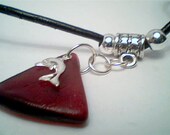 Genuine drilled red beach sea glass gemstone pendant with dolphine charm jewelry handmade necklace