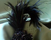 Hair bridal accessories, Bridal Headpiece, Bridal Party Headpiece, black and gold Feathered stalk with a black flower