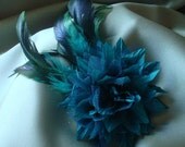 Hair bridal accessories, Bridal Party Headpiece, 4" Teal Silk and tulle Flower with turquoise feathers on a clip
