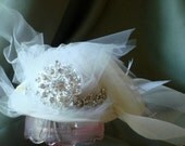 Hair bridal accessories, Bridal headpiece, Headpiece, bridal fascinator, Ivory tiny hat with ostrich plumes, crystal trim and crystal brooch