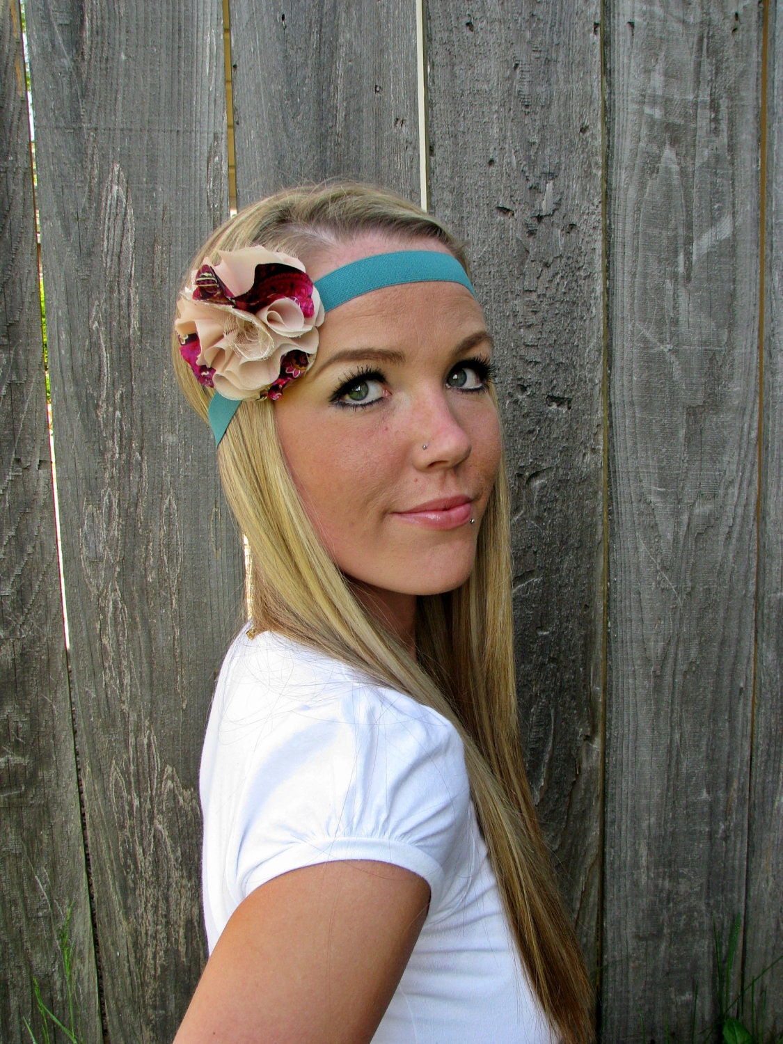 Stretch Elastic Headband in Aqua with Handmade Frilly Flower