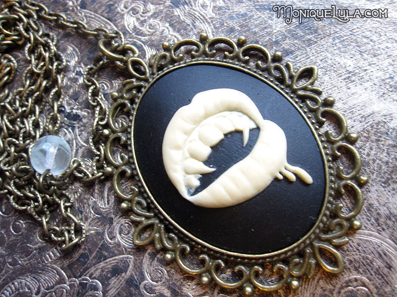 Vampire Lips Cameo with Glow in the Dark Bead Antiqued Brass