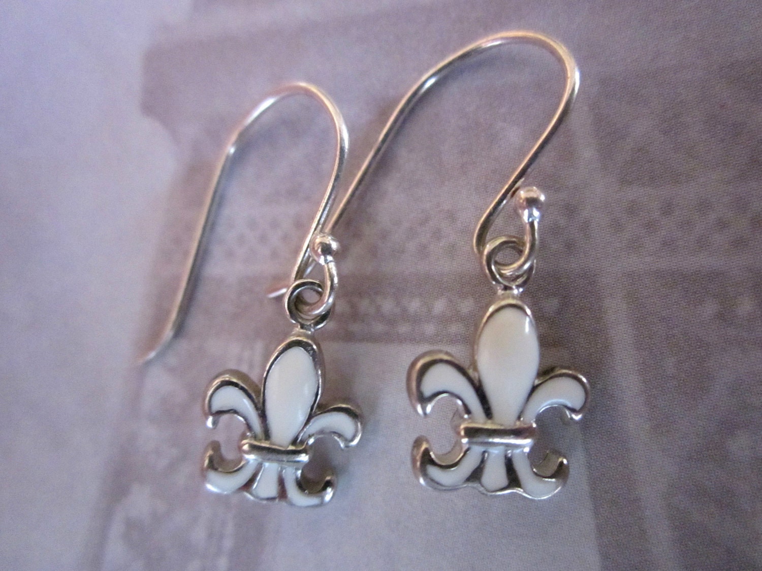 Tiny Fleur de Lis Earrings, Sterling and White Enamel