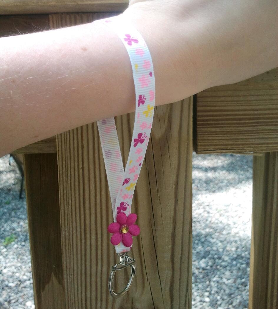 Pink and Yellow Butterfly & Flower Rhinestone Ribbon Keychain