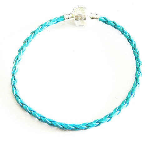 FREe SHIPPING european beads  Bracelet leather aqua blue 8-1/2"