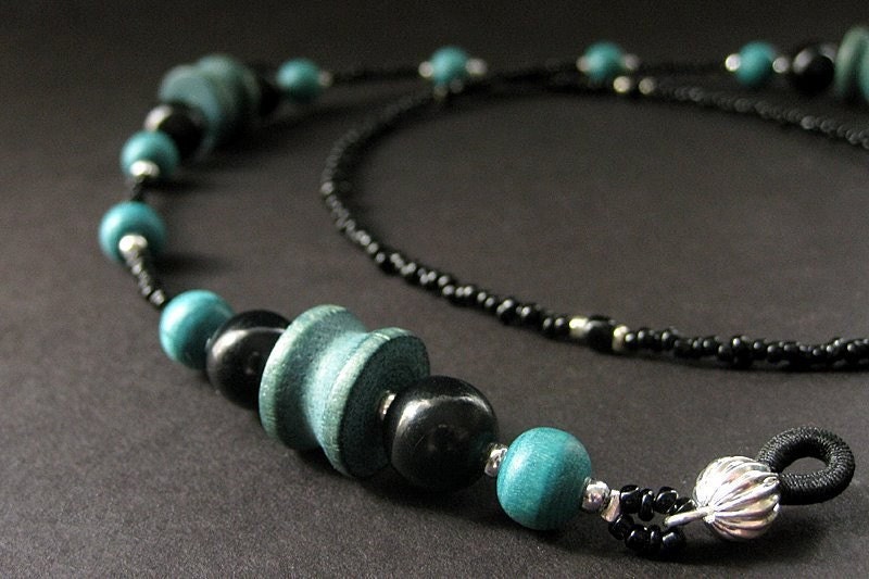 Beaded Eyeglass Chain in Teal Green Wood Beads and Black. Handmade Artisan Jewelry by Gilliauna