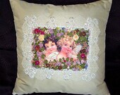 Angels In Flowers Beaded and Embroidered Accent Pillow OOAK Signed 13X13"