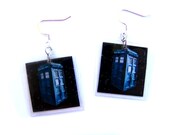 Doctor Who Inspired TARDIS Earrings, Black Square Starfield with Blue Police Box