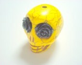 Gigantic Yellow Howlite Skull Bead or Pendant  with Midnight Black Roses in Eyes