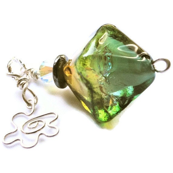 Pine Green and Mustard Yellow Lampwork Cube Pendant Charm Interchangeable