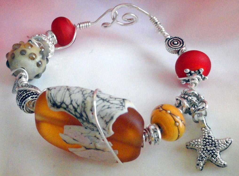 Tropical Sunset Orange Tangerine Spice Sterling Silver Wire Wrapped Beaded Bracelet