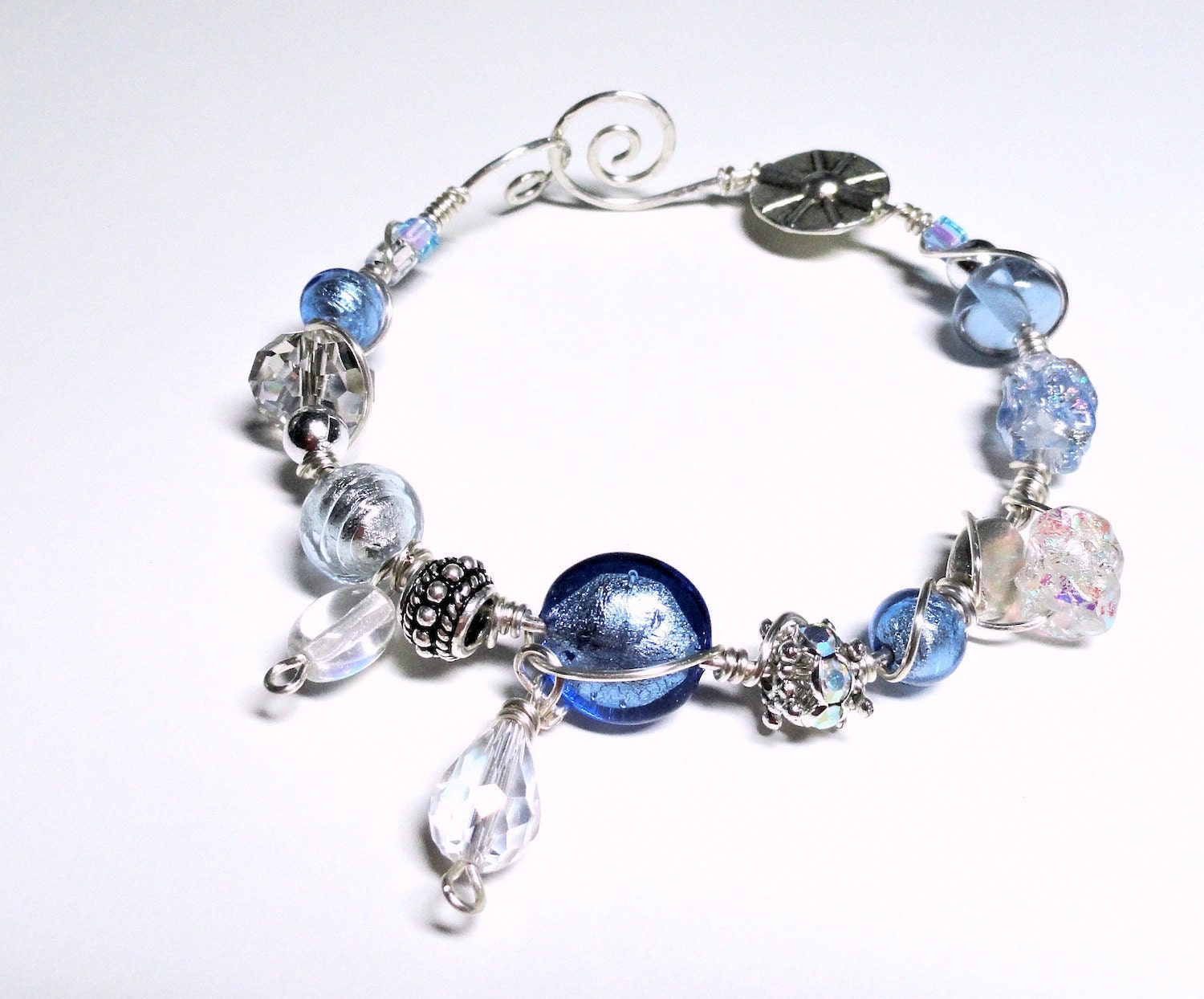 Iced Blue Sapphire Venetian Bead Wire Wrapped Silver Bracelet
