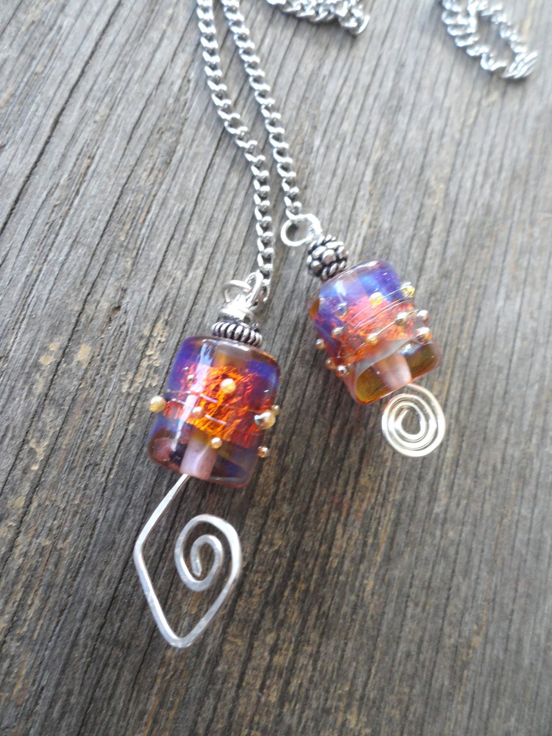 Firestorm Red Violet Gold Tangerine Orange Lampwork  Bead Lariat Necklace
