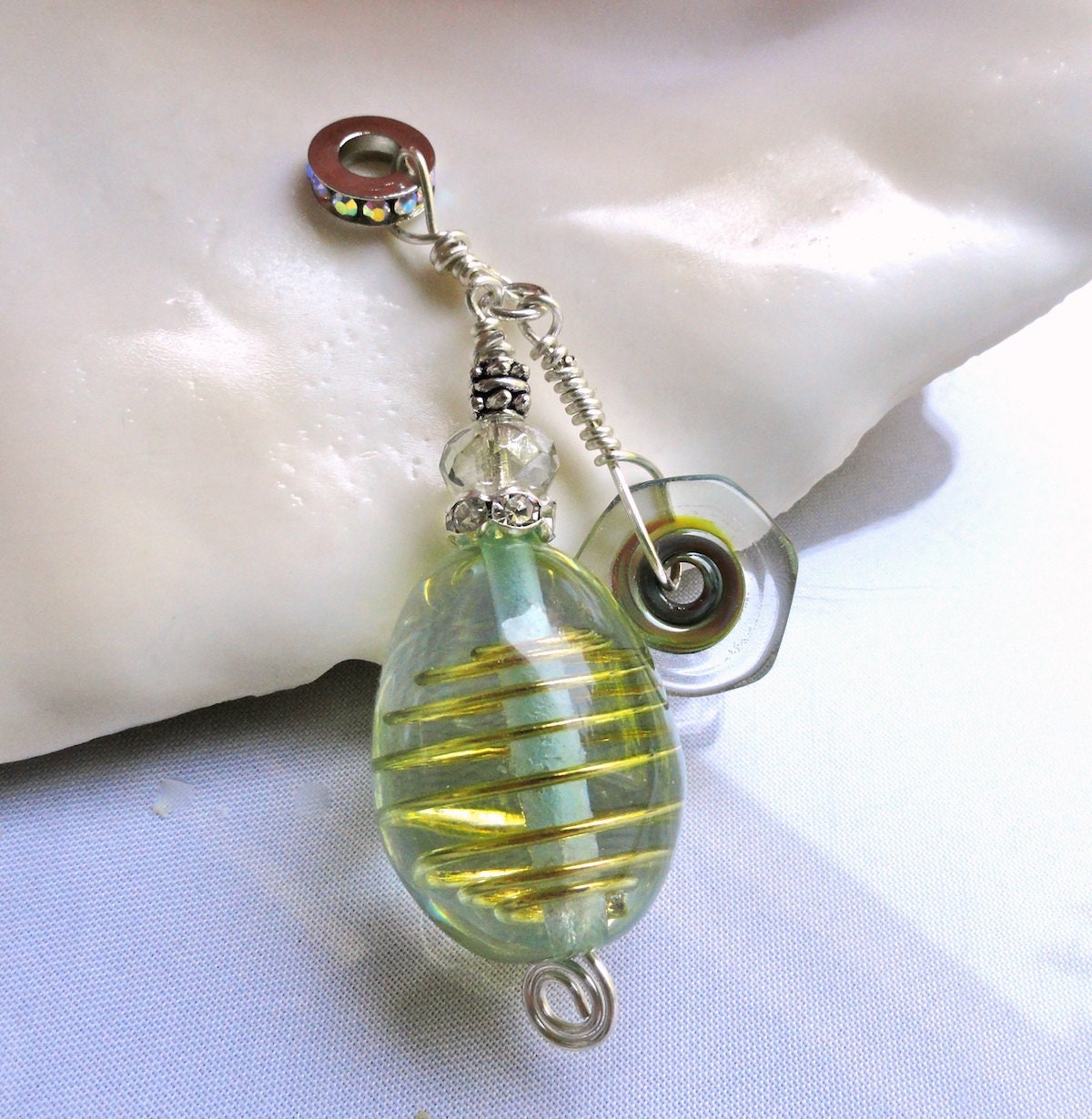 Seafoam Green  & Gold Egg-Shaped Lampwork Bead Pendant