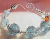Blue Kissed With Gold Artisan Lampwork Bead Wire Wrapped Bracelet