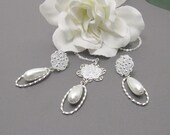 Matching Necklace and Earrings w Pearl Teardrops Sterling Rope Loop and Floral Accents