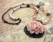 Pink Rose Floral Glass w Pearl Necklace - Claire