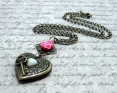 Keepsake Heart Locket Necklace in Antique Brass w Rose - Unlock the Memories