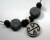 Beaded Charm Necklace in Black and Grey w Pewter Kiva Charm - Misty Kiva