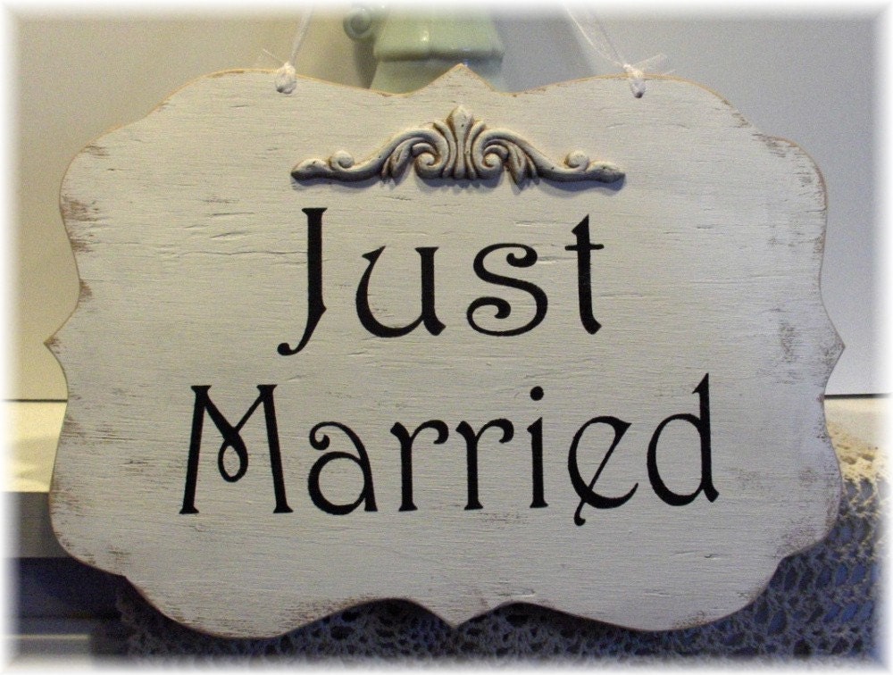 Wedding Sign Here Comes The Bride/ Just Married Two Sided Wood White Shabby Chic Custom Photo Prop