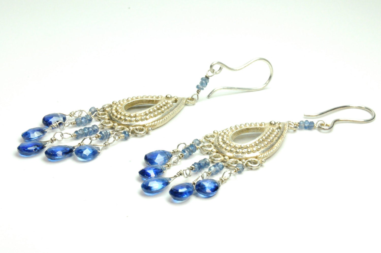 ON SALE Earrings, Jewelry, Blue Sapphire Earrings, Sterling Silver with Precious Kyonite Chandelier Earrings
