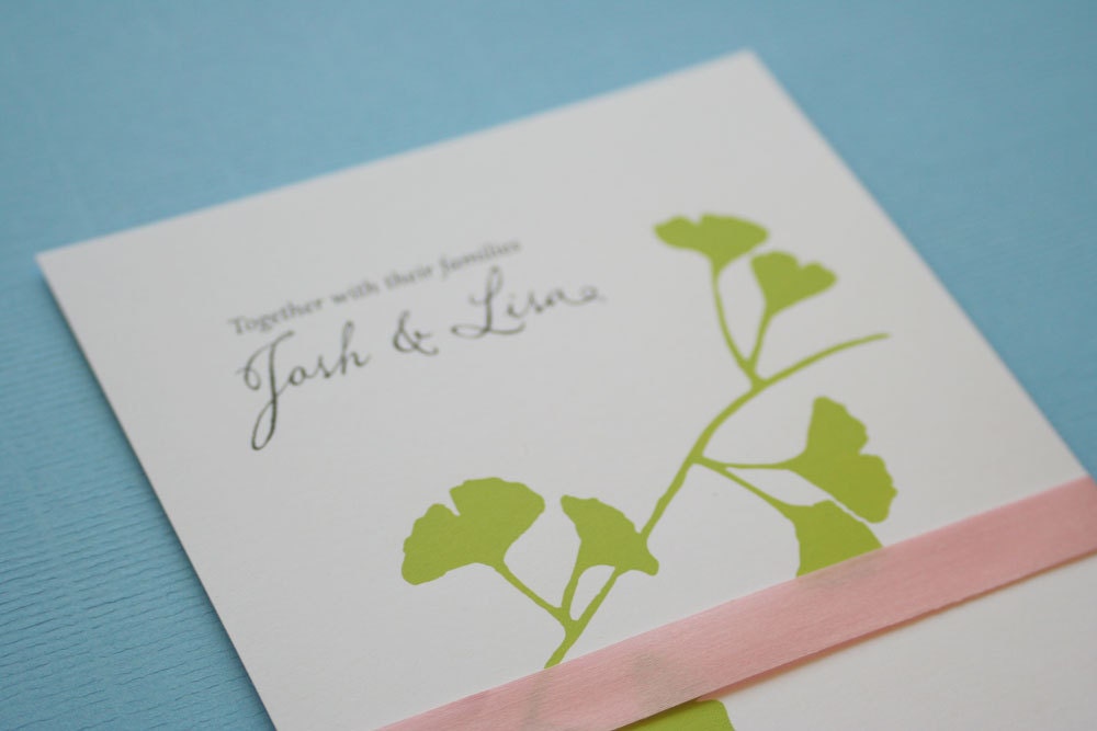Ginkgo Print Wedding Invitation in green and pink