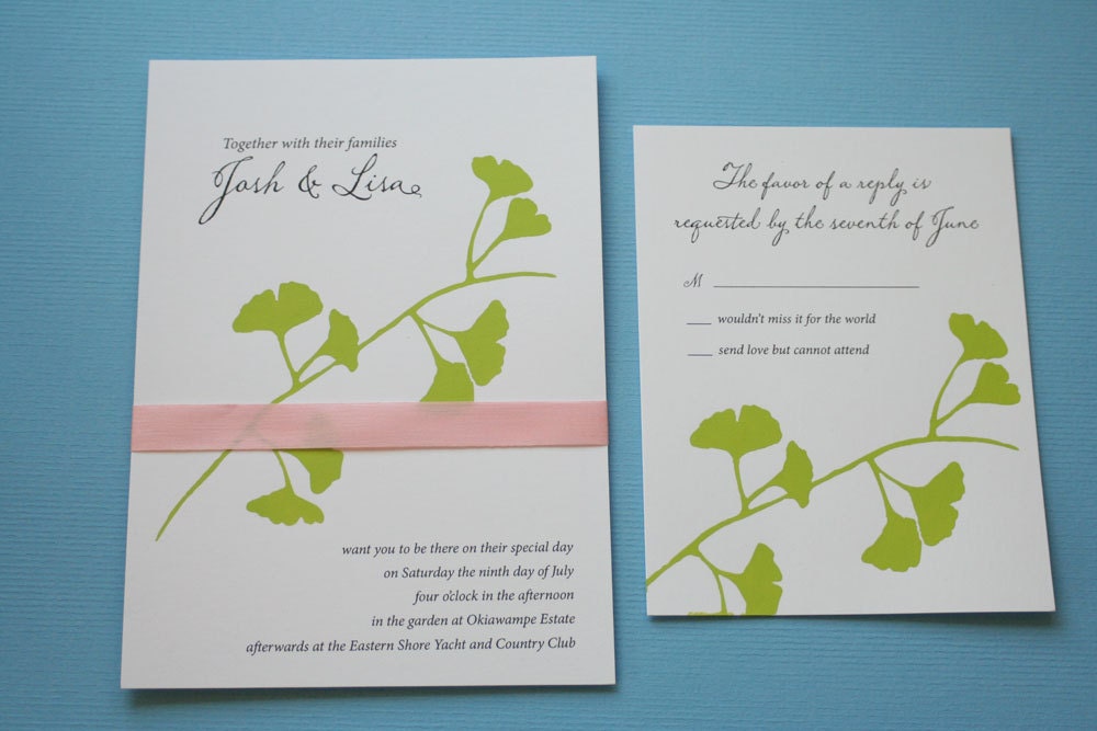 50 Ginkgo Print Wedding Invitations in green and pink or choose your own colors