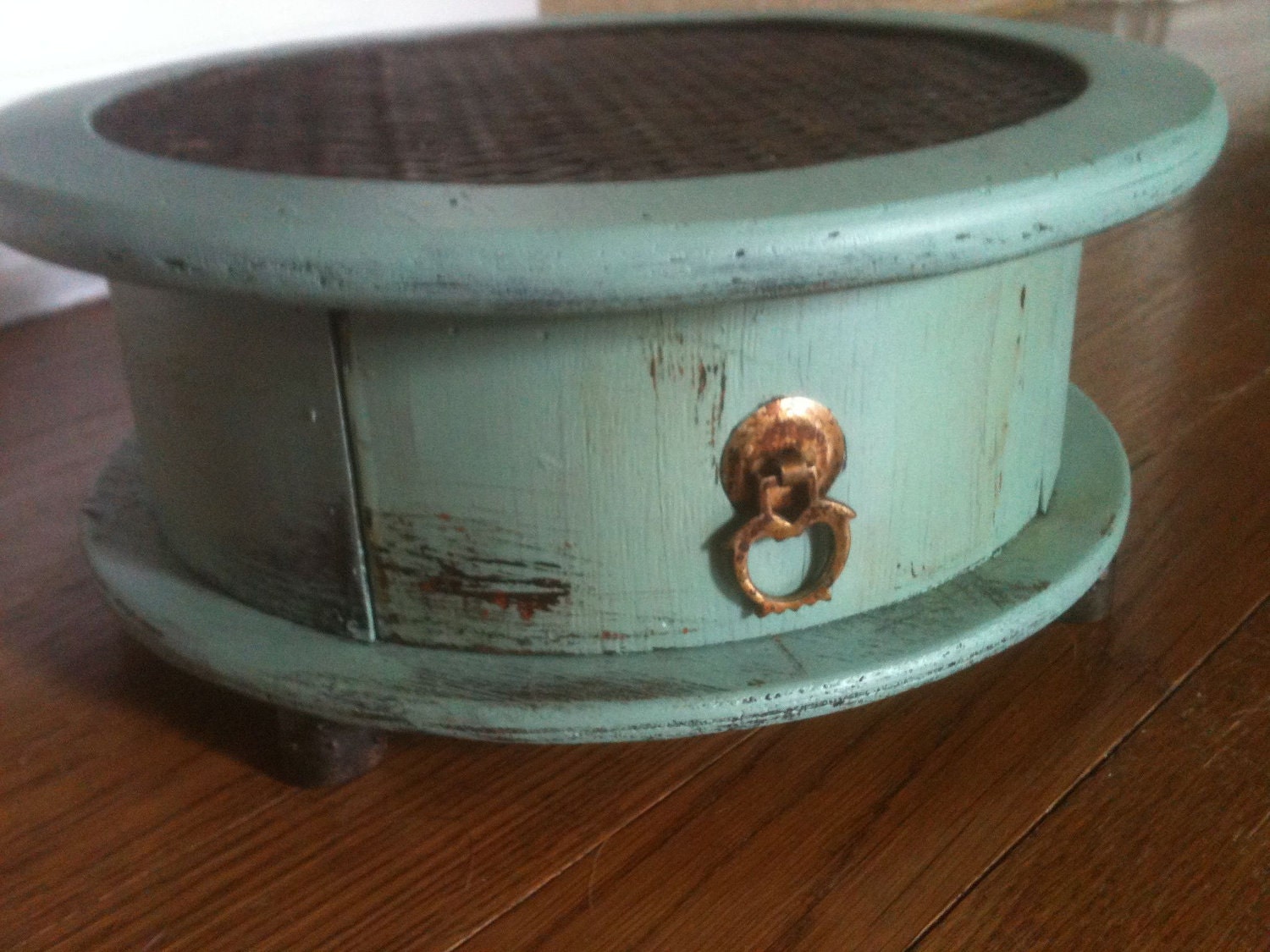 Vintage Distressed One Drawer Wicker Top Drum Table style Box