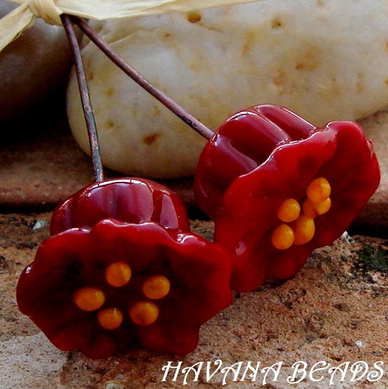 RED FLOWER Head Pins - Set of 2 Handmade Lampwork Head Pins