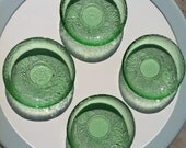 Beautiful Set of 4 Green Depression Glass Dishes with Berry and Leaf Pattern