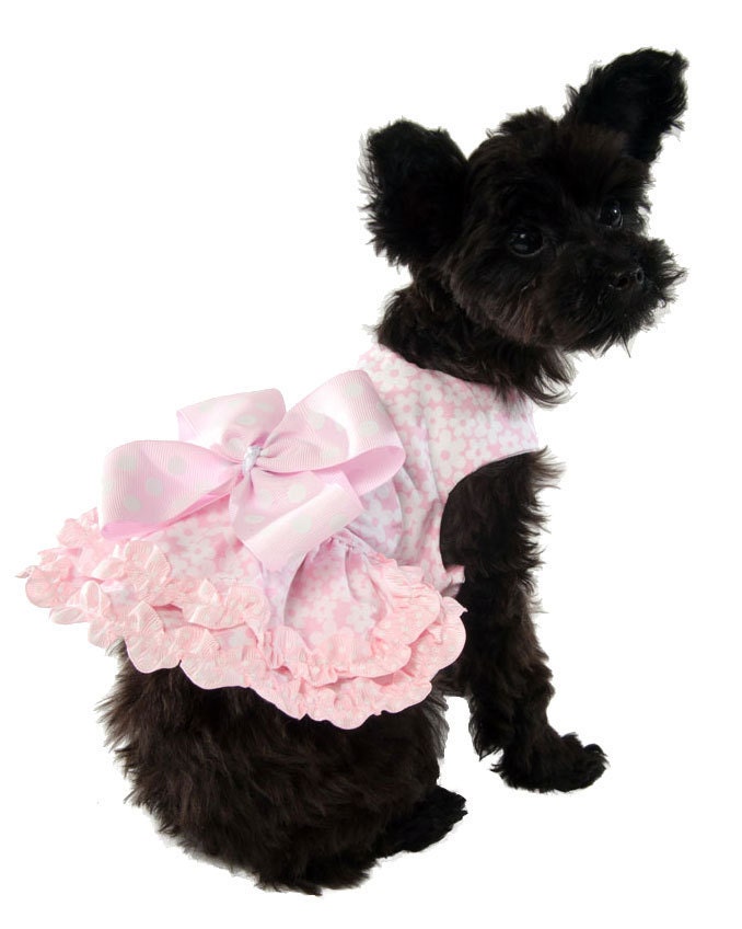 Pink Flowery Dog Dress with Pink Polka Dot Bow