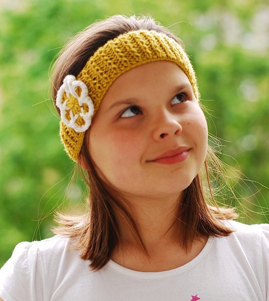 Mustard Yellow FLOWER CROCHET HEADBAND Acrylic Wool Floral Spring Accessory Children Kids Girls Cozy Pink Cat