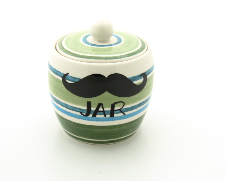 Moustache Mustache Stash Jar with Green and Blue Stripes Funny Graduation Gift
