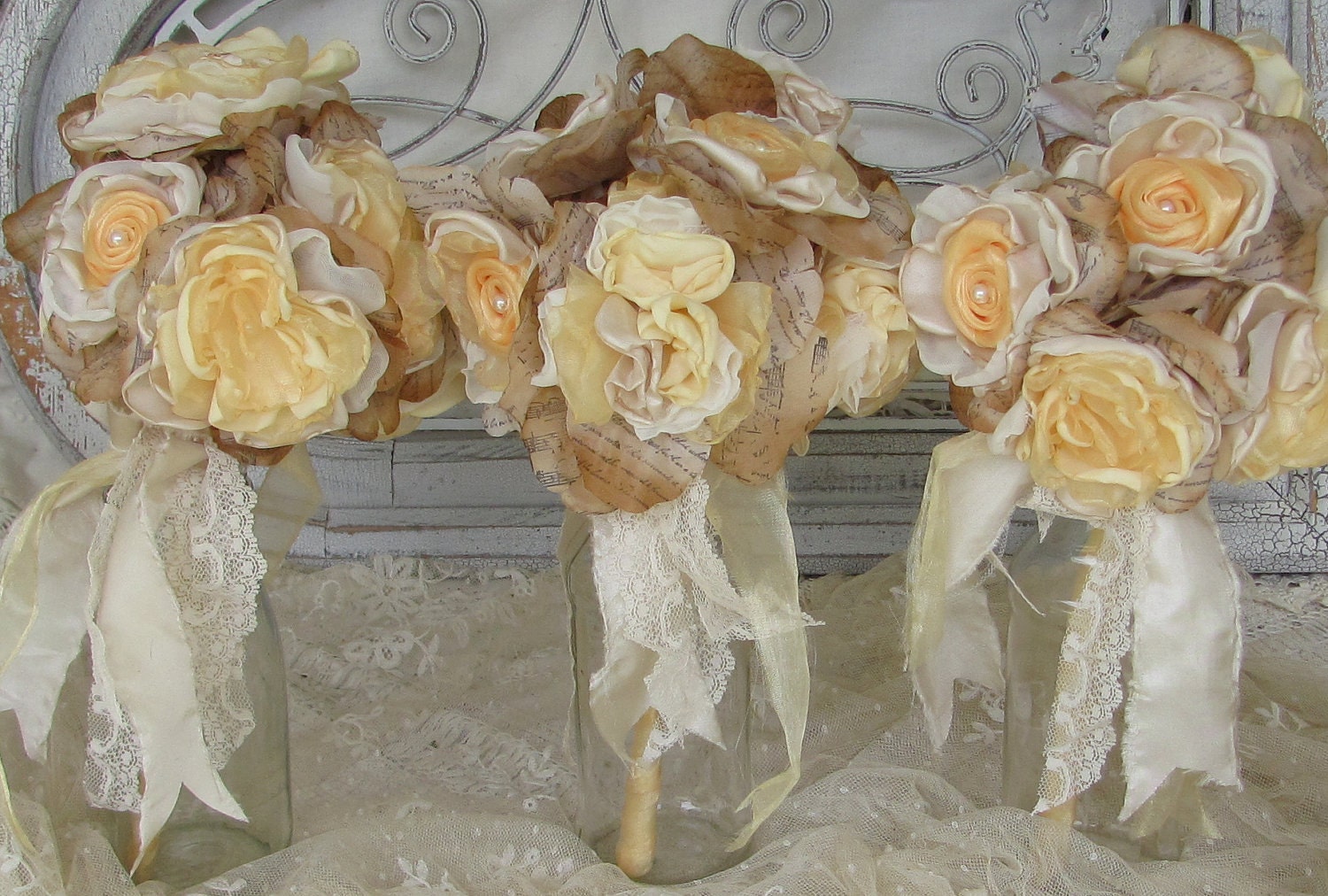 Bridesmaid Fabric Flower  Bouquet Set of 3   Custom Order any color