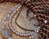 CASHMERE - As Seen In Bead Trends Magazine - Handmade Lampwork Focal, Quartz Crystals, Swarovski Pearls, Antiqued Brass